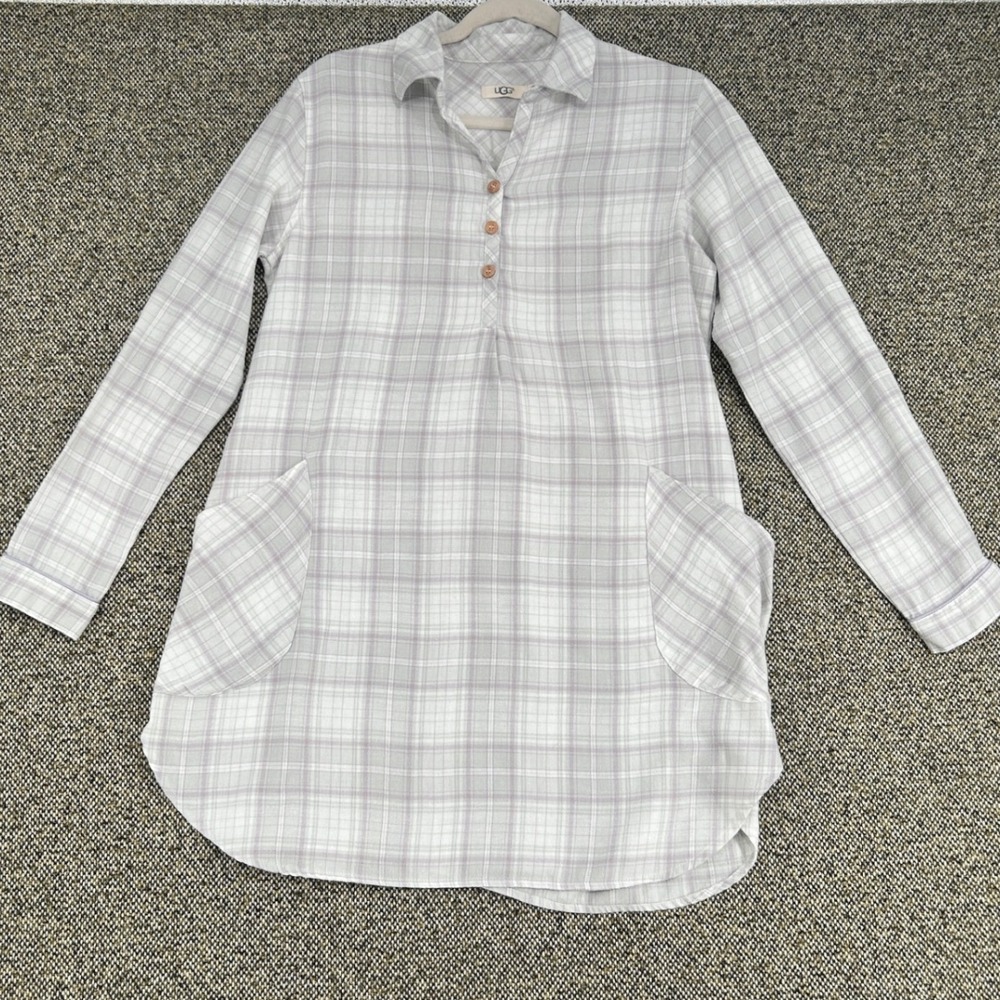 UGG Australia Plaid Henley Sleep Shirt Nightgown Pockets Grey Purple XS